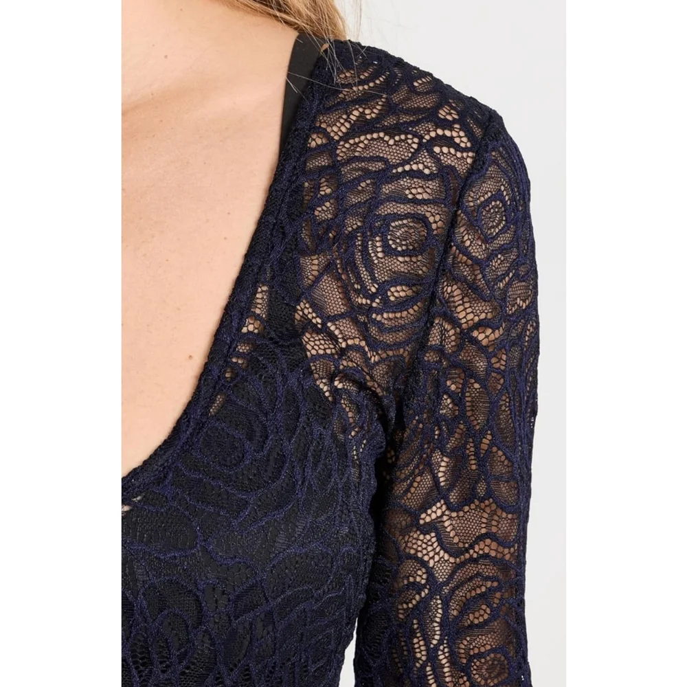 Free People Intimately Floral Lace Square Neck‎ Chic Black Sheer Bodysuit S